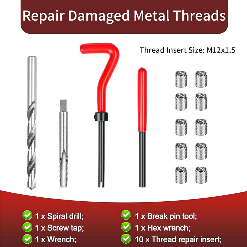 JUSTHERE 15 Pcs Thread Inserts M12x1.5 Female Thread Repairing Accessory Assortment Kit, Helicoil Thread Repair Kit, Drill Helicoil Repair Kit, for Automotive and Mechanical Maintenanc - Image 2